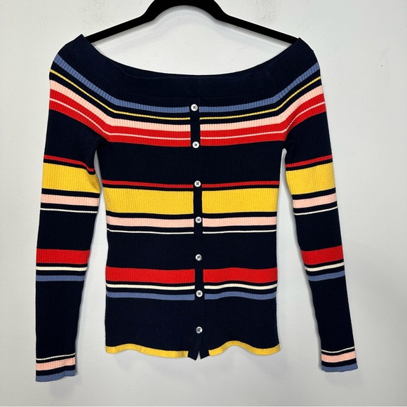 Frame Women’s Navy Multi Color Stripe Off The Shoulders Buttoned Sweater XS - Picture 5 of 12